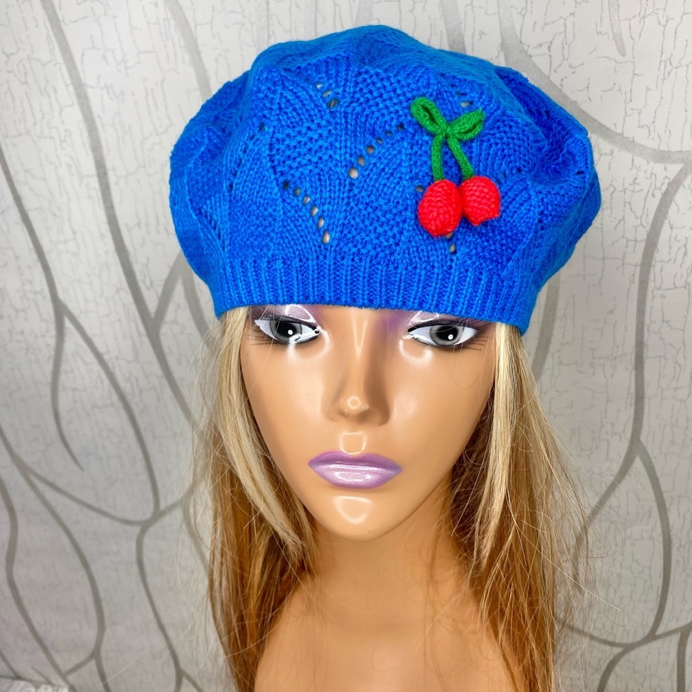🎀🍒 Royal Blue & Red Cherry Crochet Soft Knit Hollow Out Beanie Hat 🍒🎀 NWT